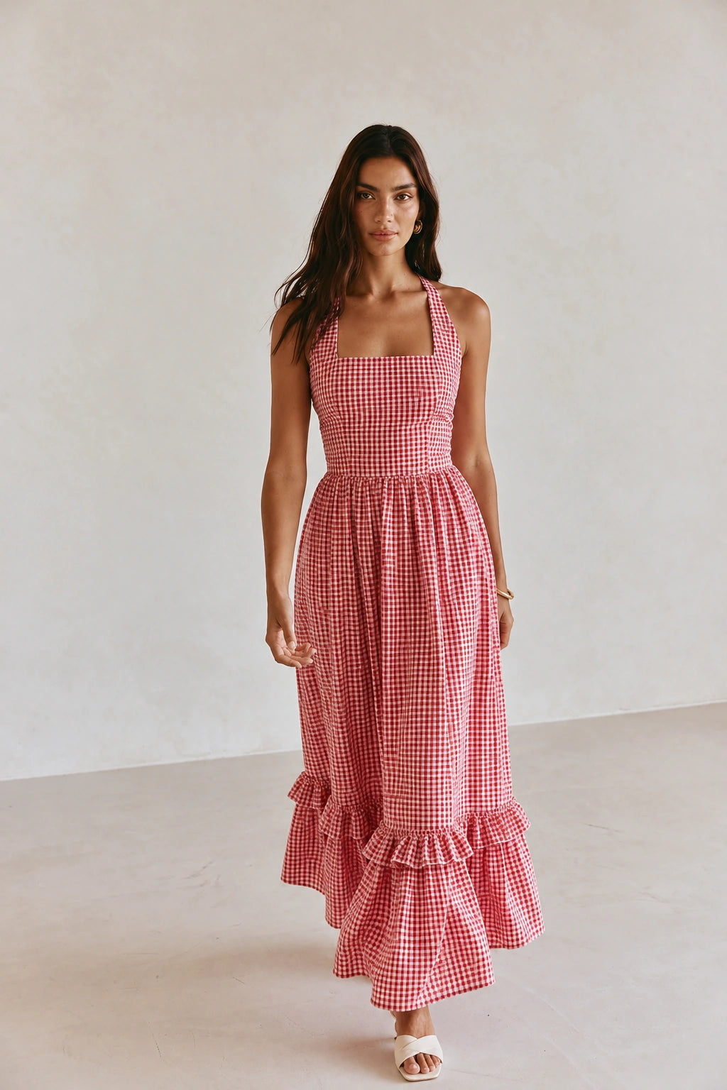 Red Gingham Check Maxi Dress