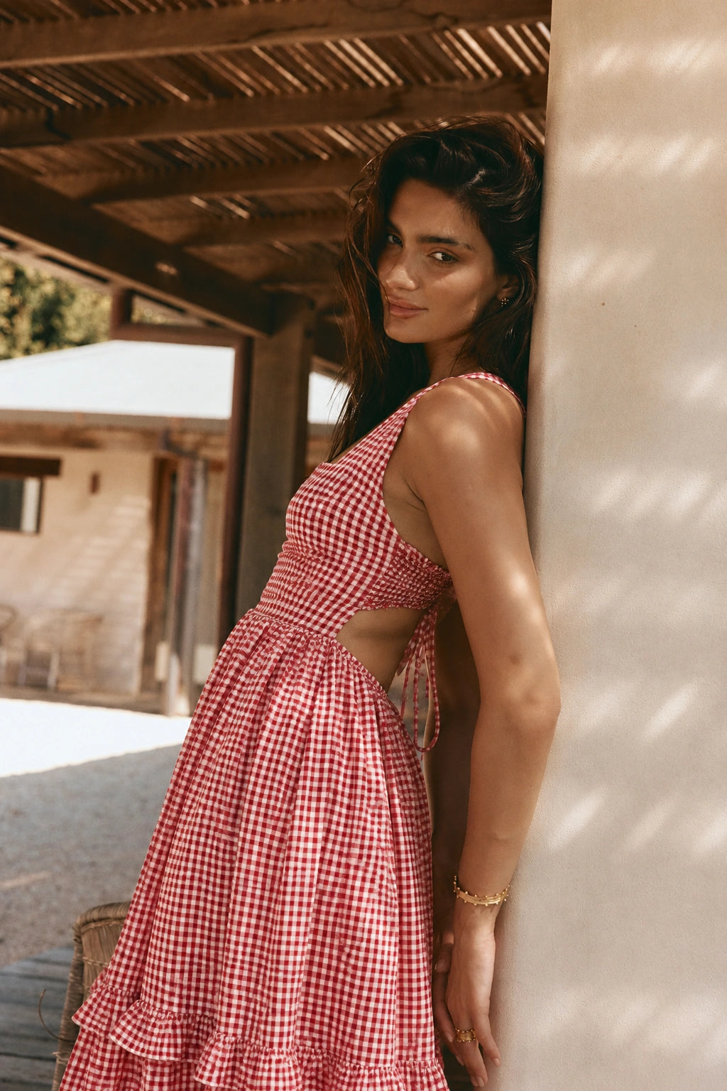 Red Gingham Check Maxi Dress