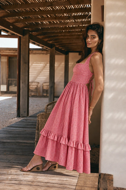 Red Gingham Check Maxi Dress