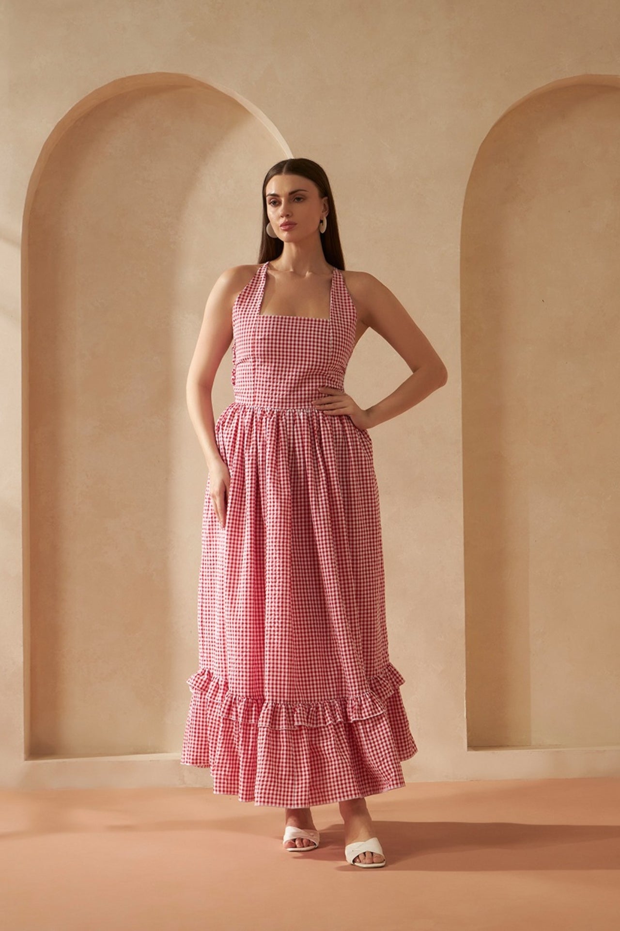 Red Gingham Check Maxi Dress for Women — Summer 2026