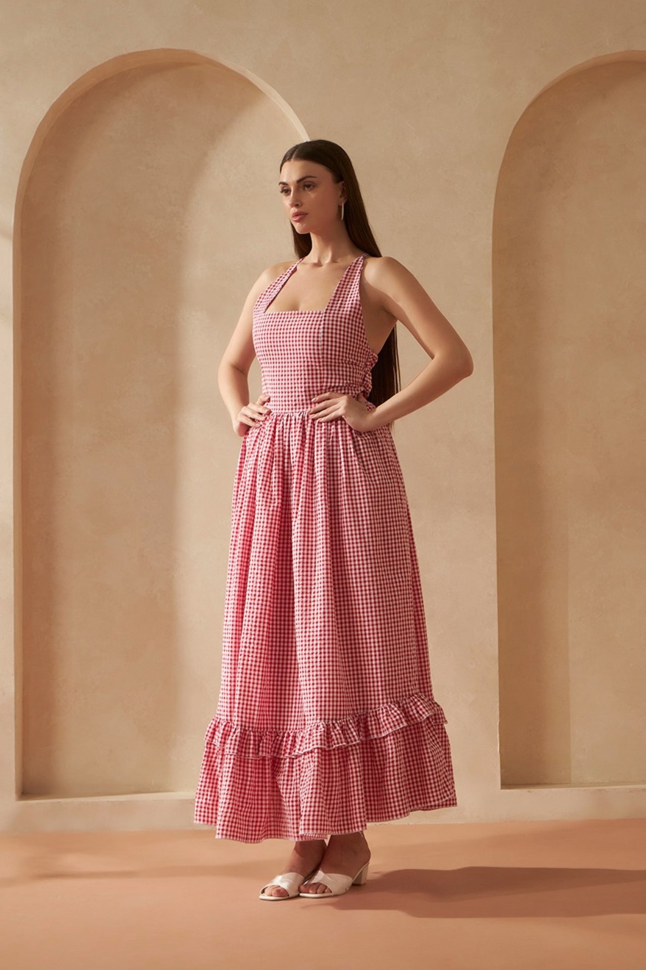 Red Gingham Check Maxi Dress for Women — Summer 2026 | Prizm Aura