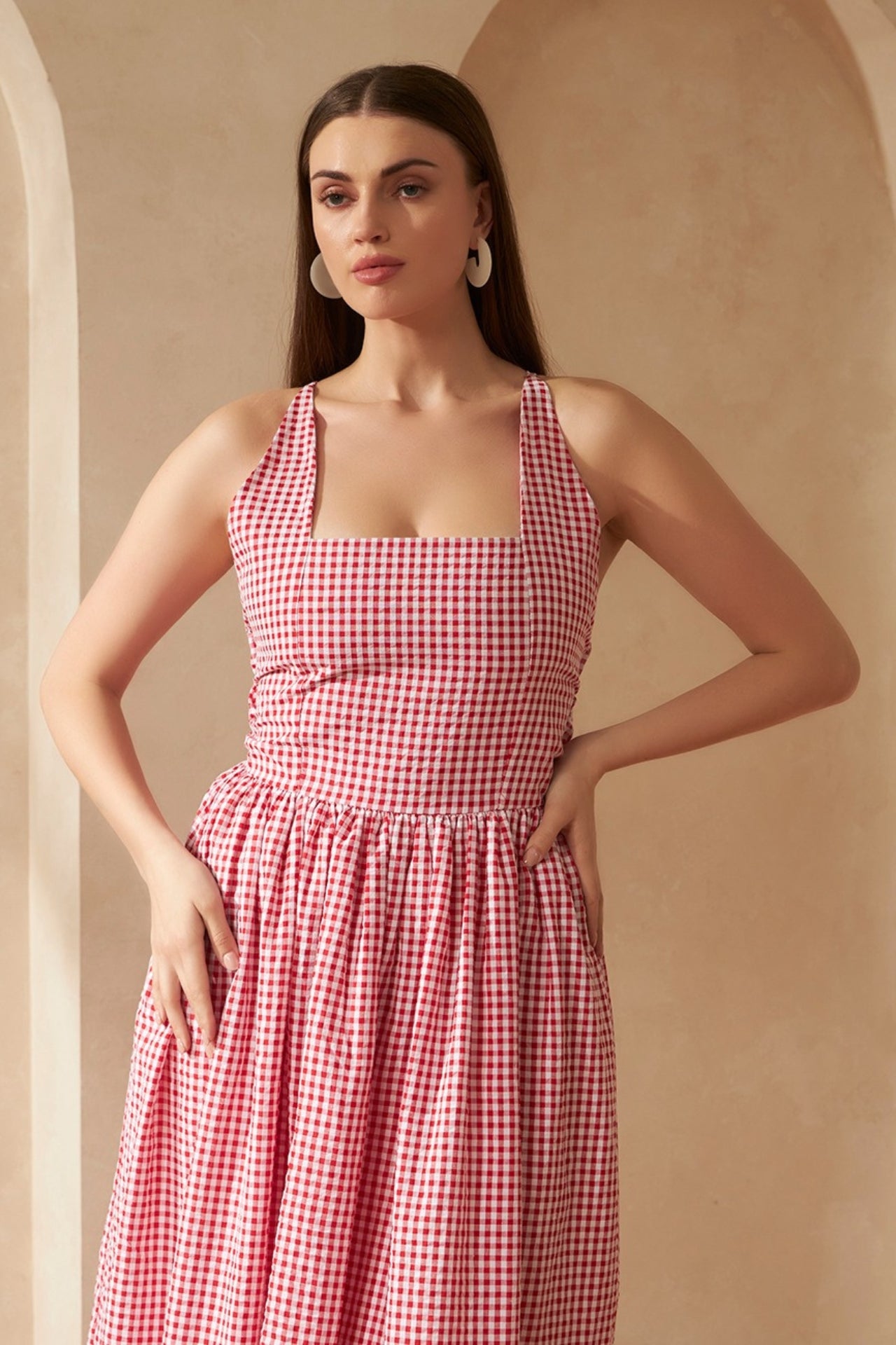 Red Gingham Check Maxi Dress for Women — Summer 2026